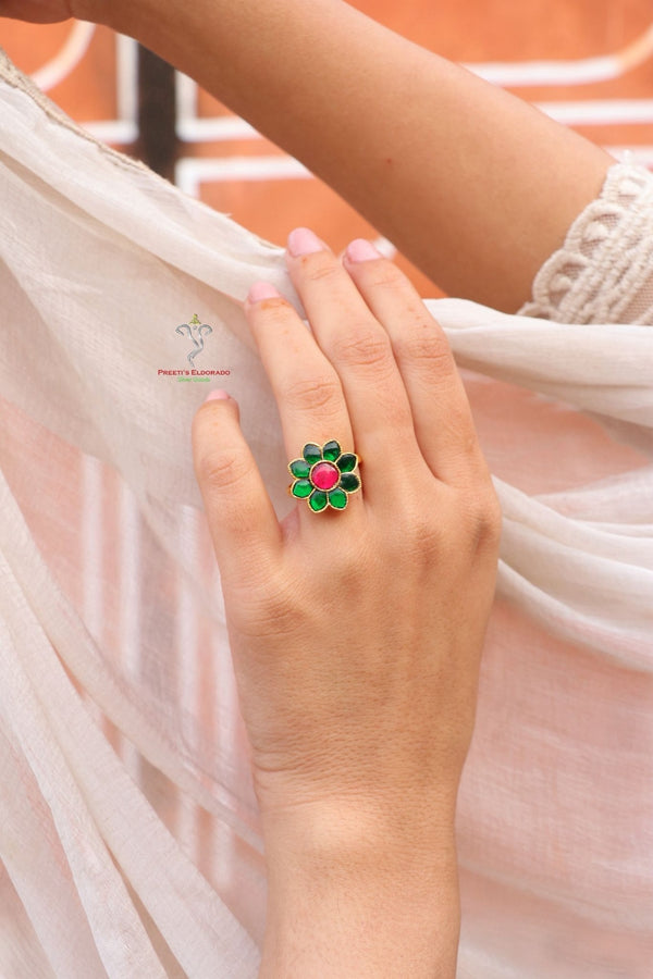 Hallmark 925 Silver Gold-Plated Green & Pink Kundan Floral Ring