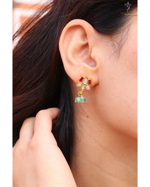 Hallmark 925 Silver Gold-Plated Kundan Floral Drop Earrings with Semi-Precious Beads
