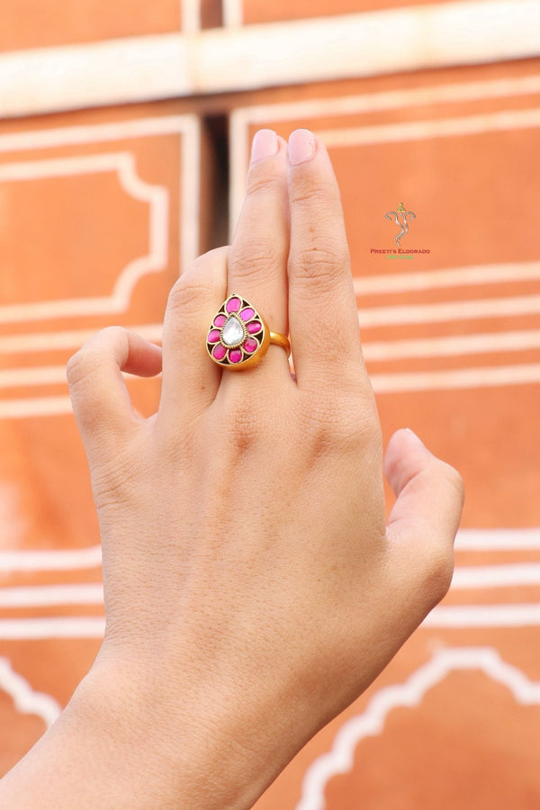 Hallmark 925 Silver Gold-Plated Pink & White Kundan Teardrop Ring