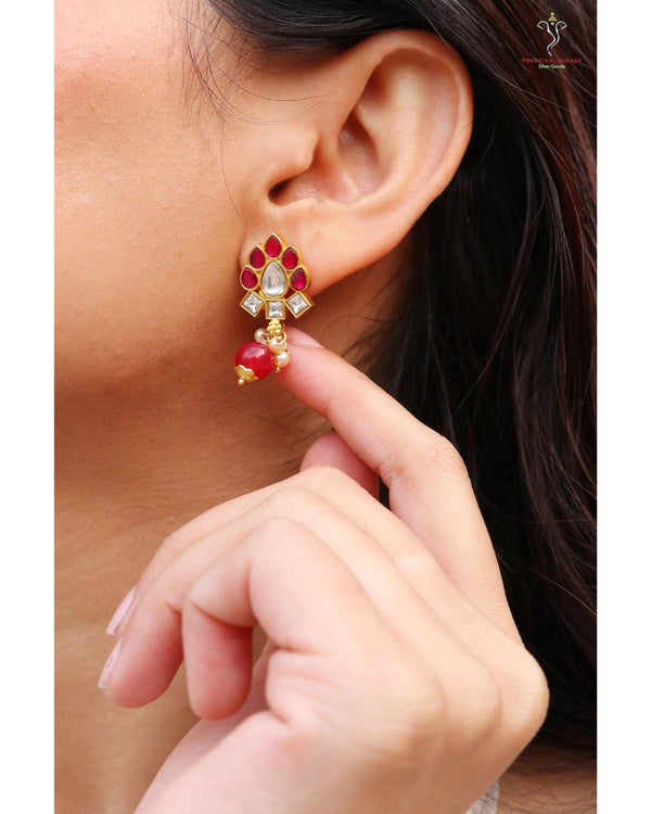 Hallmark 925 Silver Gold-Plated Kundan Red Floral Drop Earrings with Semi-Precious Beads