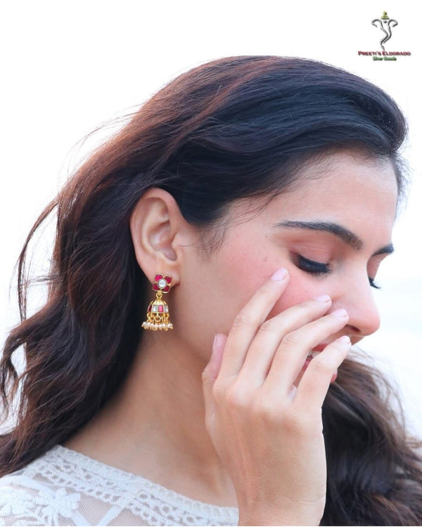 Hallmark 925 Silver Gold-Plated Kundan Jhumka Earrings with Pearl Drops