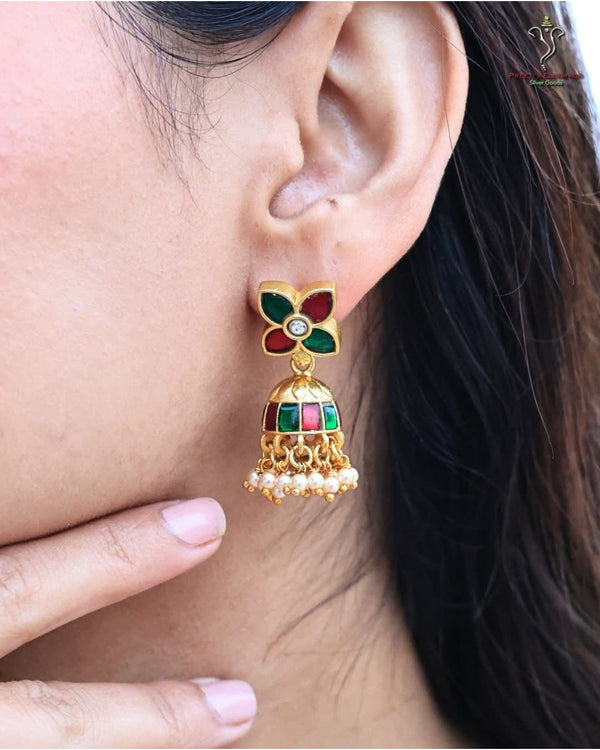 Hallmark 925 Silver Gold-Plated Kundan Jhumka Earrings with Pearl Drops