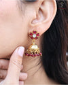 Hallmark 925 Silver Gold-Plated Kundan Jhumka Earrings with Ruby Bead Drops