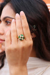Hallmark 925 Silver Gold-Plated Green & White Kundan Floral Ring