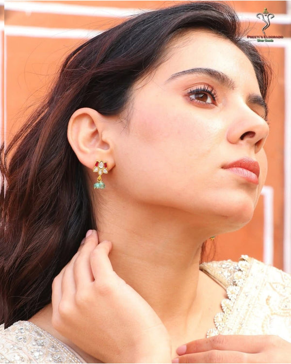 Hallmark 925 Silver Gold-Plated Kundan Floral Drop Earrings with Semi-Precious Beads