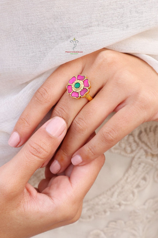 Hallmark 925 Silver Gold-Plated Pink & Green Kundan Floral Ring