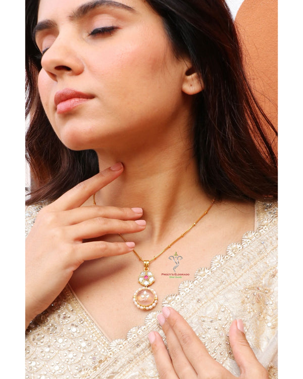 Hallmark 925 Silver Gold-Plated Kundan Pendant Necklace with Blush Stone