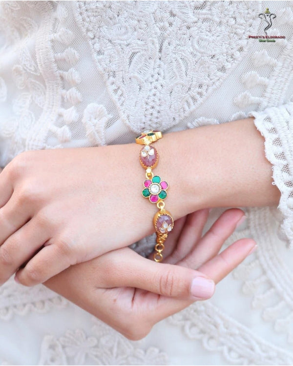 Hallmark 925 Silver Gold Plated Kundan Bracelet with Semi-Precious Stones
