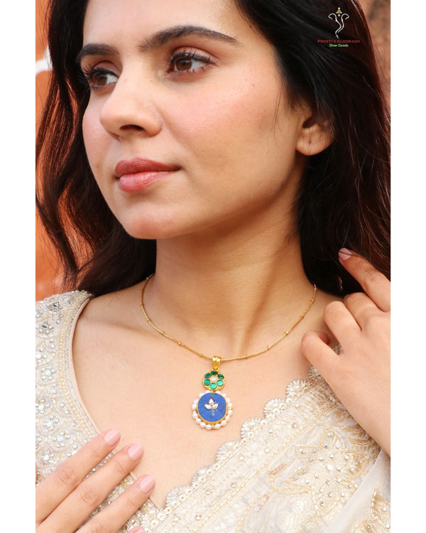 Hallmark 925 Silver Gold-Plated Kundan Pendant Necklace with Blue Stone