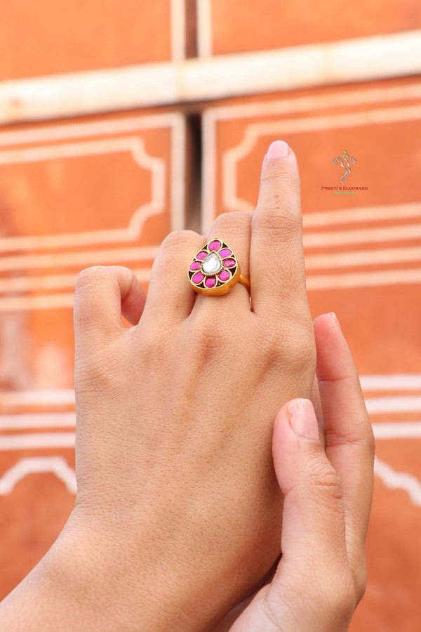 Hallmark 925 Silver Gold-Plated Pink & White Kundan Teardrop Ring