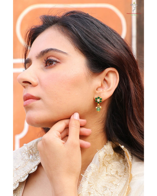 Hallmark 925 Silver Gold-Plated Kundan Green Floral Drop Earrings with Semi-Precious Beads