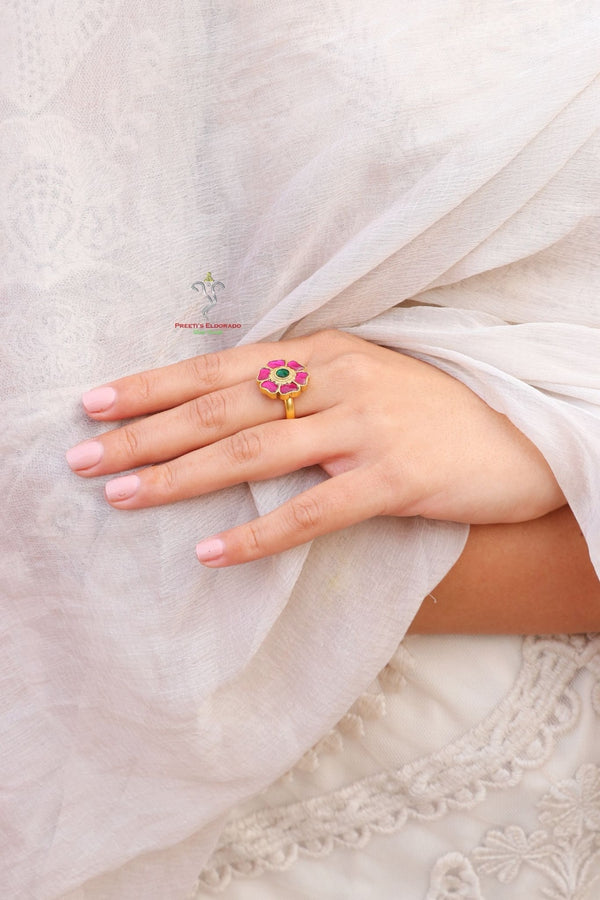 Hallmark 925 Silver Gold-Plated Pink & Green Kundan Floral Ring