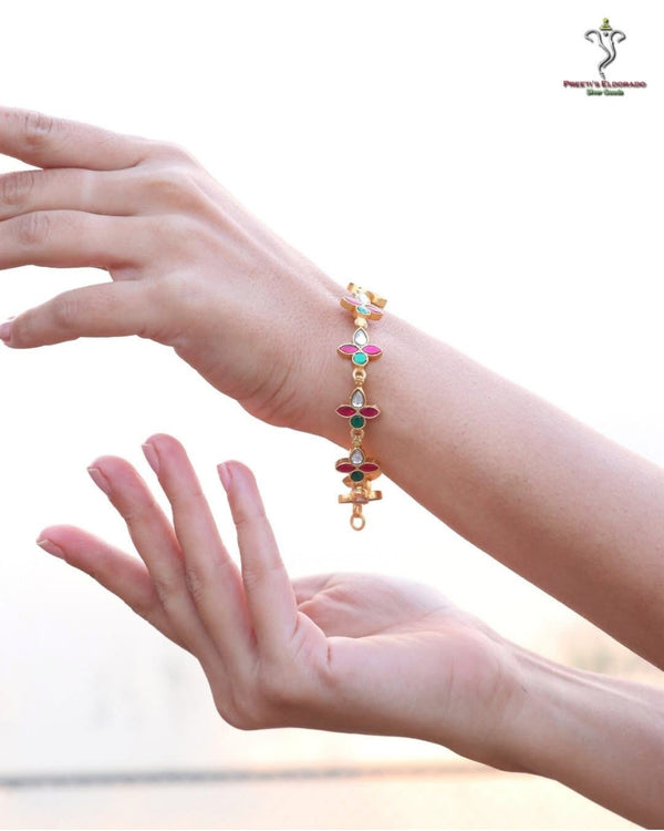 Hallmark 925 Silver Gold Plated Multicolor Kundan Floral Bracelet