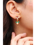 Hallmark 925 Silver Gold-Plated Kundan Geometric Drop Earrings with Pearl & Green Beads