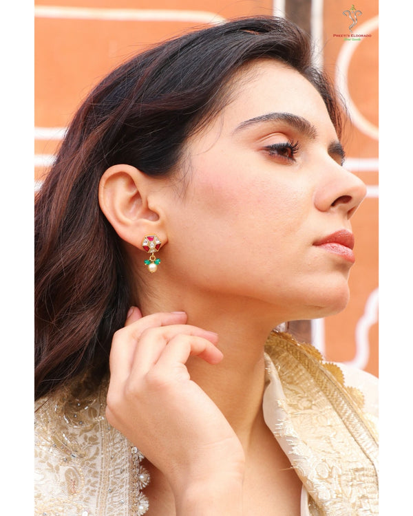 Hallmark 925 Silver Gold-Plated Kundan Geometric Drop Earrings with Pearl & Green Beads