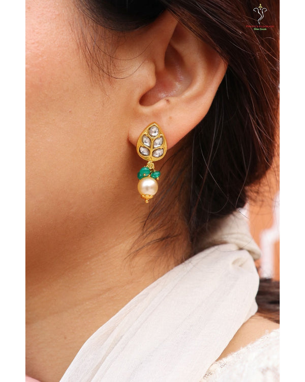 Hallmark 925 Silver Gold-Plated Kundan Teardrop Earrings with Pearl & Green Bead Drop