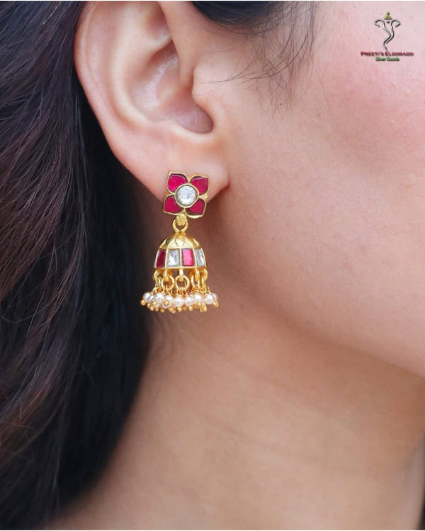 Hallmark 925 Silver Gold-Plated Kundan Jhumka Earrings with Pearl Drops