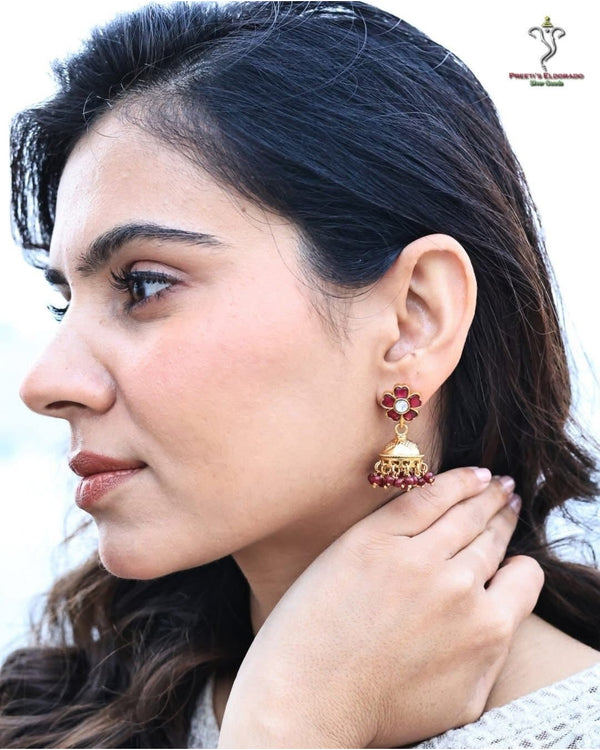 Hallmark 925 Silver Gold-Plated Kundan Jhumka Earrings with Ruby Bead Drops