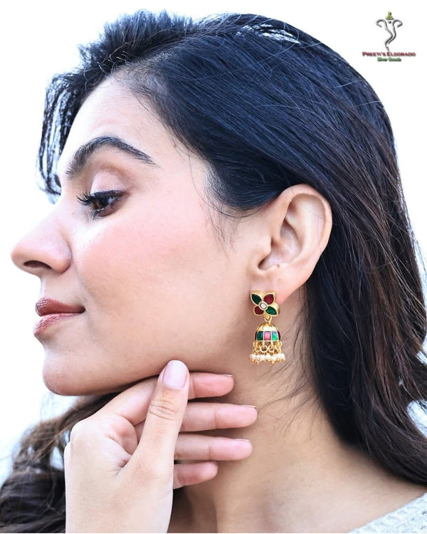 Hallmark 925 Silver Gold-Plated Kundan Jhumka Earrings with Pearl Drops