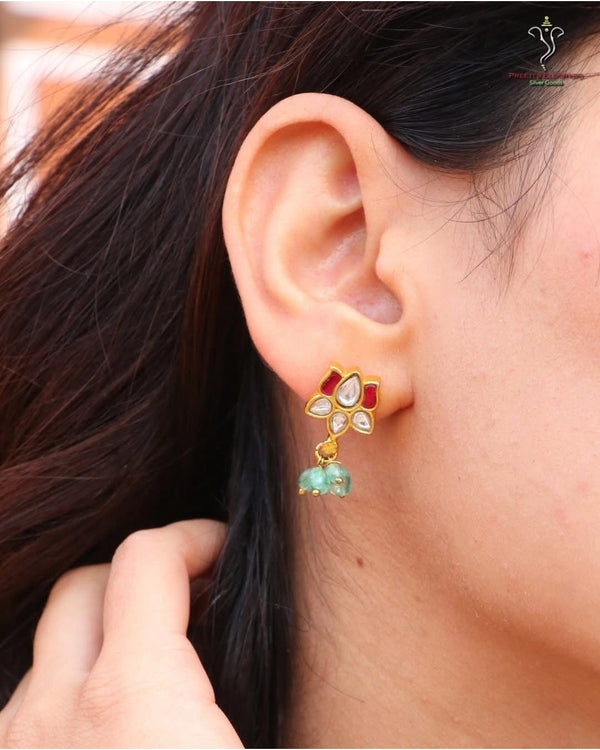 Hallmark 925 Silver Gold-Plated Kundan Floral Drop Earrings with Semi-Precious Beads